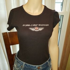 Short sleeved Harley Davidson shirt.